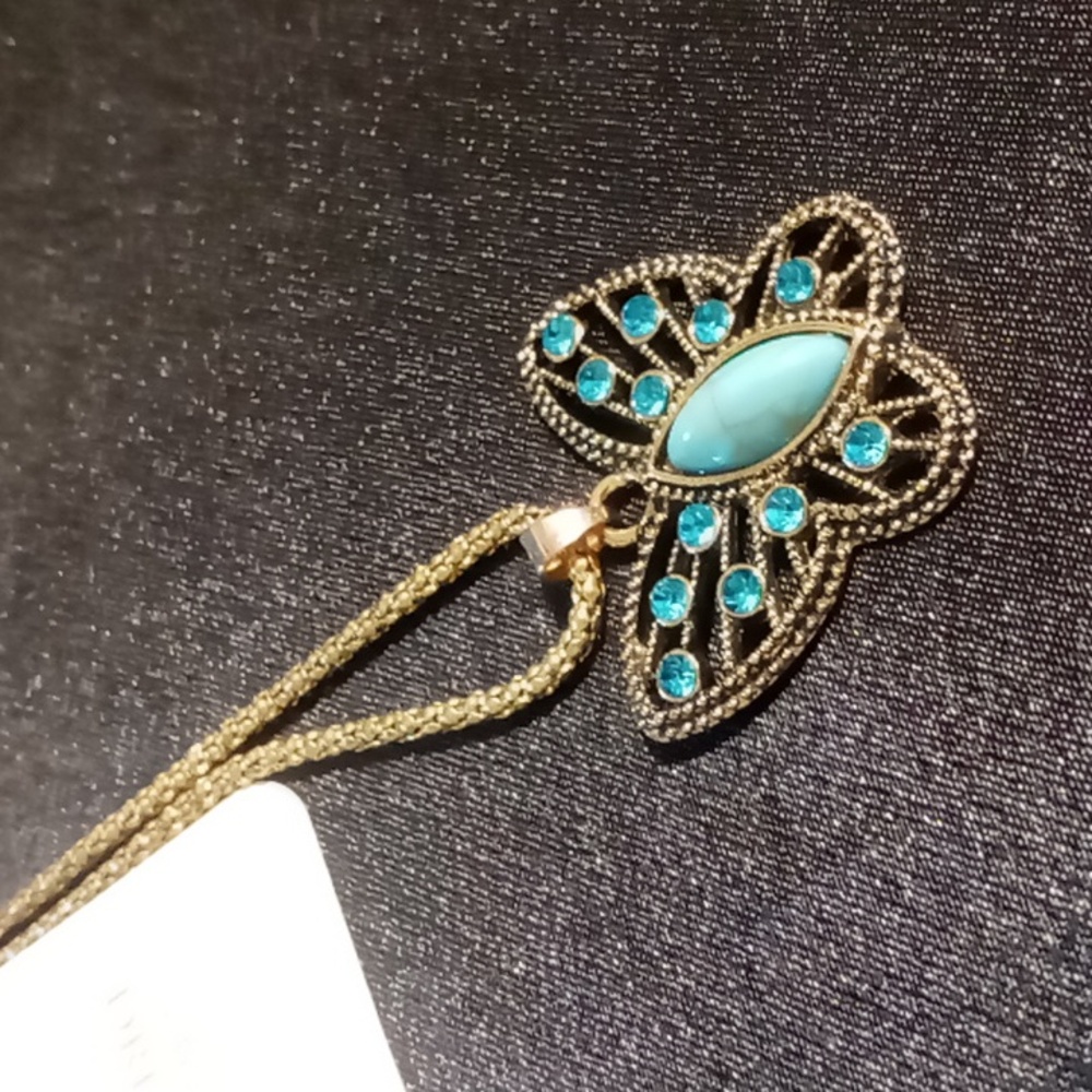 Dream Plus Blue Rhinestones Gold Butterfly Necklace ,Turquoise Accents 18+2 In.